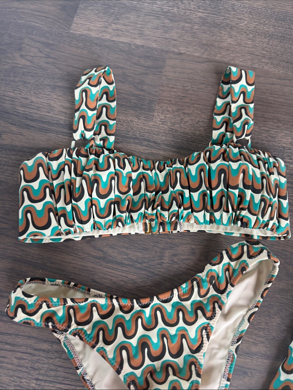 Full set Montce Groovy Retro Wave Print Bikini Set in Turquoise, Brown & Cream - Picture 7 of 14